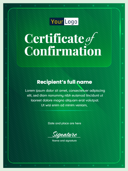 XD-104 confirmation certificate template featuring a clean border, gold seal, and formal text layout for professional recognition.